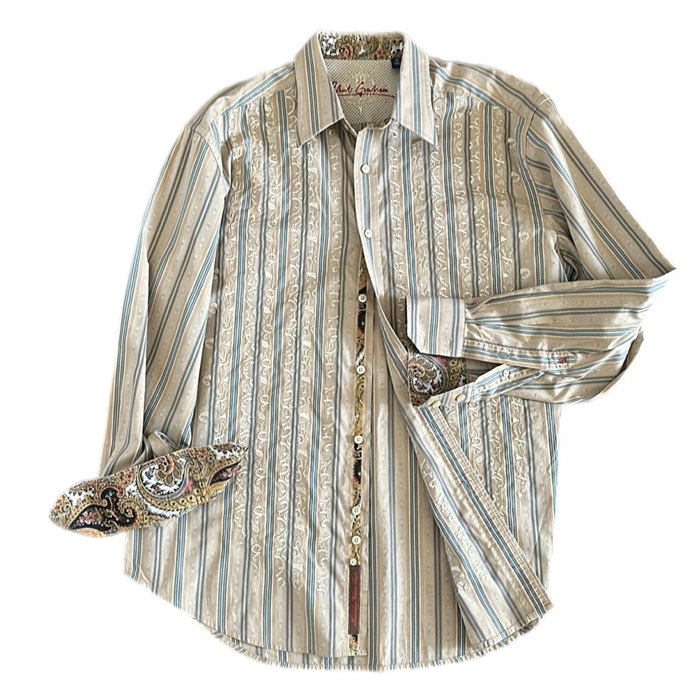 Robert Graham Casual Stripe Embroidered Shirt w/ Flip Cuffs Men's Size XL